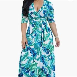 Blue & White Floral Maxi Dress with Belt Size L  - NWOT